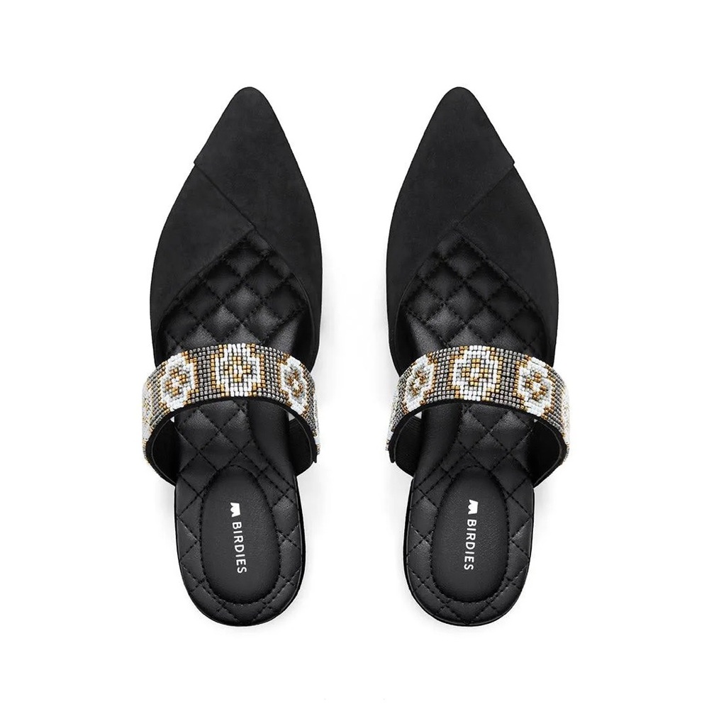 Birdies Black Quilted Mules with Gold Accents